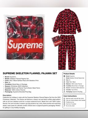 Supreme Skeleton Flannel Pajama Set XL Red Black Plaid Christmas 2025 NIP